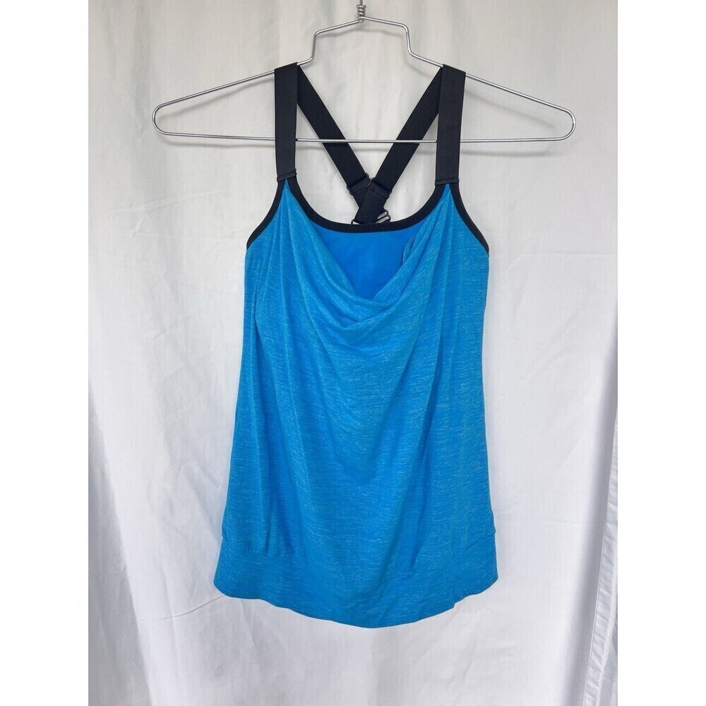 Beyond Yoga Small Draped Cowl Neck Tank Top Blue Criss Cross Back Athleisure Gym